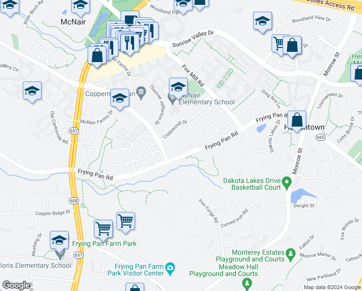 map of restaurants, bars, coffee shops, grocery stores, and more near 13239 Copper Cove Way in Herndon