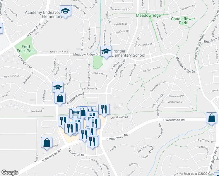 map of restaurants, bars, coffee shops, grocery stores, and more near 7630 Conifer Drive in Colorado Springs