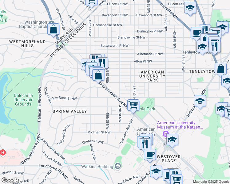 map of restaurants, bars, coffee shops, grocery stores, and more near 4725 Massachusetts Avenue Northwest in Washington