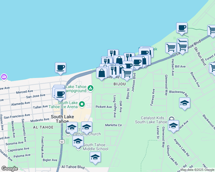 map of restaurants, bars, coffee shops, grocery stores, and more near 3331 Treehaven Drive in South Lake Tahoe