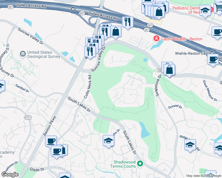 map of restaurants, bars, coffee shops, grocery stores, and more near 2192 Golf Course Drive in Reston