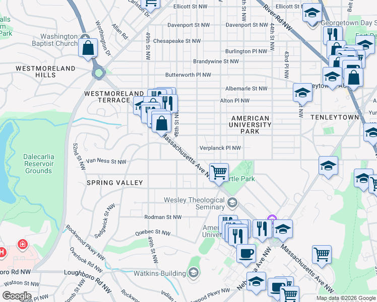 map of restaurants, bars, coffee shops, grocery stores, and more near 4725 Massachusetts Avenue Northwest in Washington