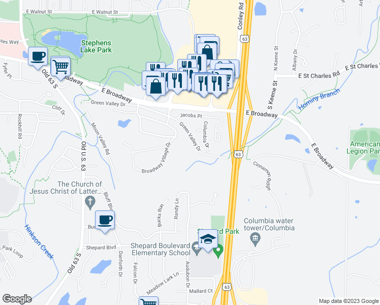 map of restaurants, bars, coffee shops, grocery stores, and more near 2700 Green Valley Drive in Columbia