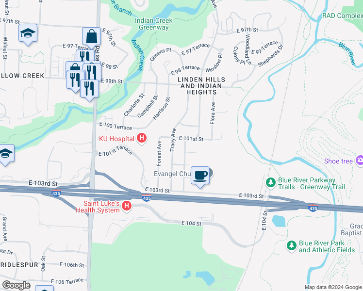 map of restaurants, bars, coffee shops, grocery stores, and more near 10110 Virginia Avenue in Kansas City