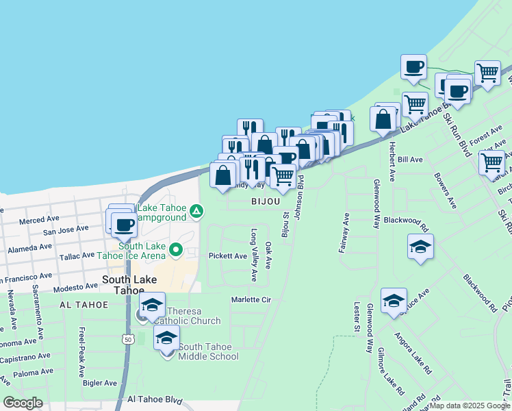 map of restaurants, bars, coffee shops, grocery stores, and more near in South Lake Tahoe
