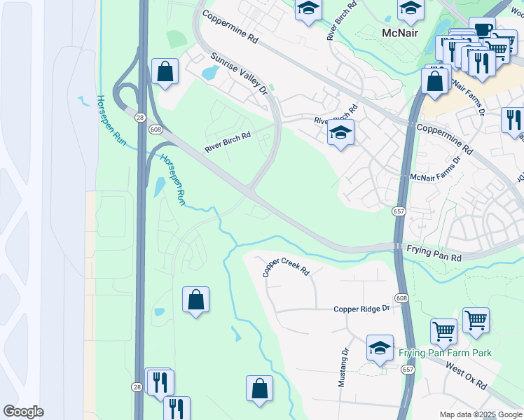 map of restaurants, bars, coffee shops, grocery stores, and more near 13717 Frying Pan Road in Herndon