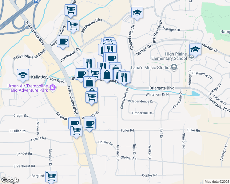map of restaurants, bars, coffee shops, grocery stores, and more near 1765 Briargate Boulevard in Colorado Springs