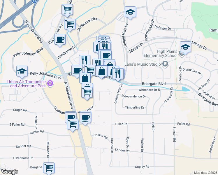 map of restaurants, bars, coffee shops, grocery stores, and more near 1765 Briargate Boulevard in Colorado Springs