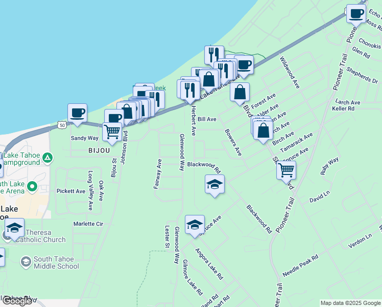 map of restaurants, bars, coffee shops, grocery stores, and more near 1072 Herbert Avenue in South Lake Tahoe