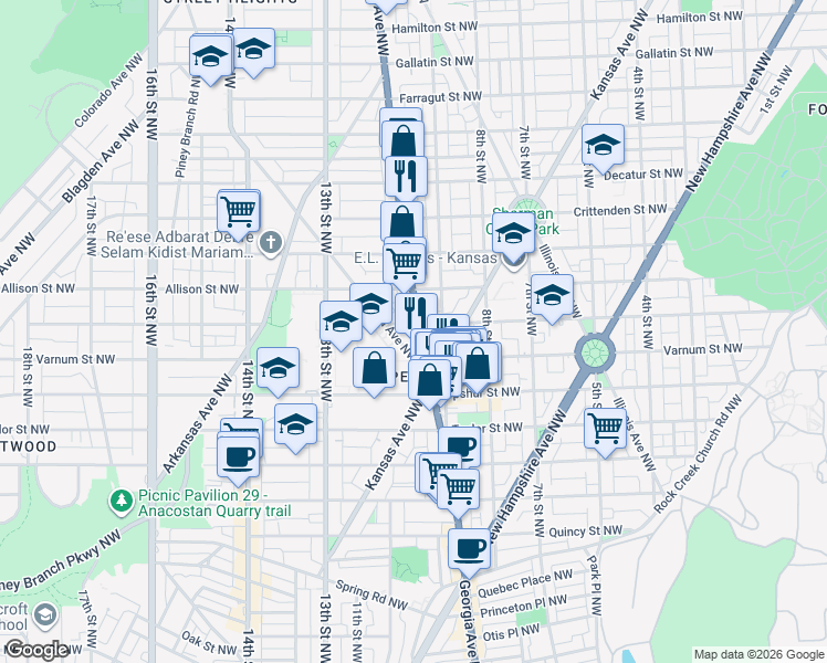 map of restaurants, bars, coffee shops, grocery stores, and more near 101 Independence Avenue Southeast in Washington