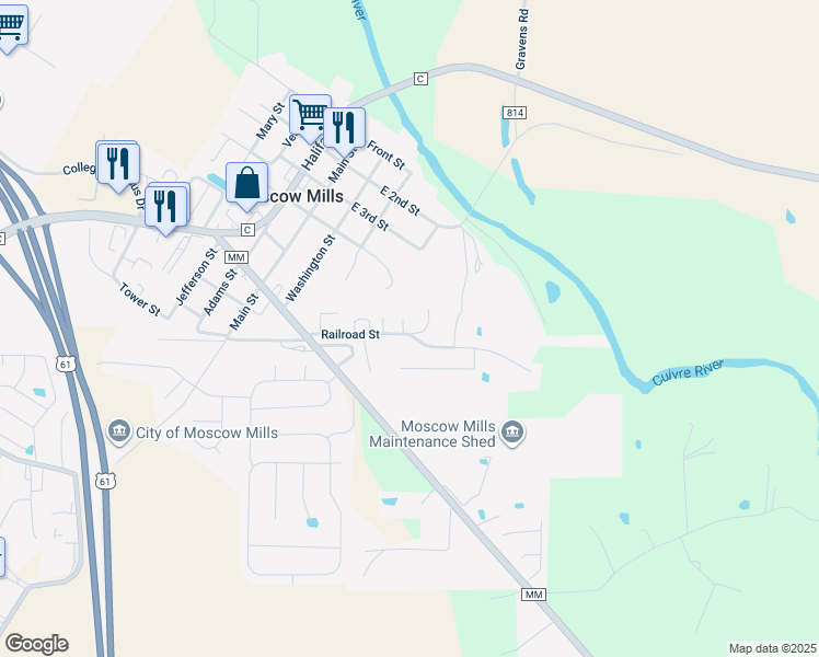 map of restaurants, bars, coffee shops, grocery stores, and more near 9 Railroad Street in Moscow Mills