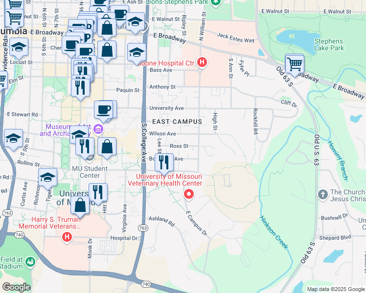 map of restaurants, bars, coffee shops, grocery stores, and more near 1600 Ross Street in Columbia