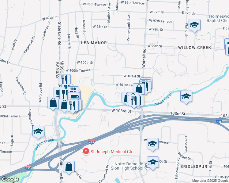 map of restaurants, bars, coffee shops, grocery stores, and more near 701 West 101st Terrace in Kansas City