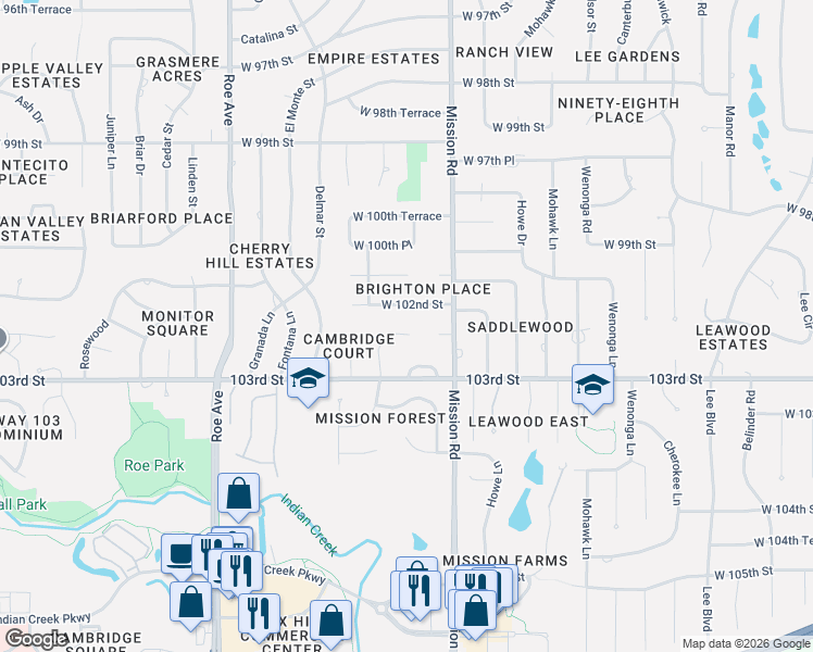 map of restaurants, bars, coffee shops, grocery stores, and more near 4000 West 102nd Street in Overland Park