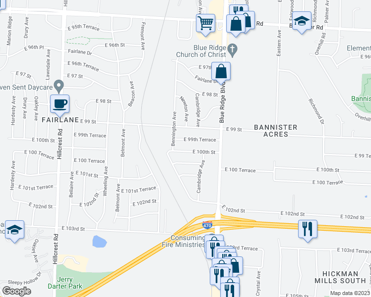 map of restaurants, bars, coffee shops, grocery stores, and more near 6702 East 100th Street in Kansas City