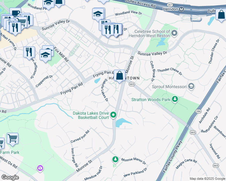 map of restaurants, bars, coffee shops, grocery stores, and more near 12982 Azalea Woods Way in Herndon