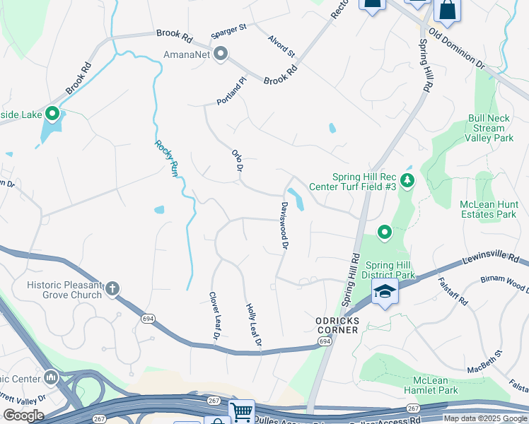map of restaurants, bars, coffee shops, grocery stores, and more near 8402 Holly Leaf Drive in McLean