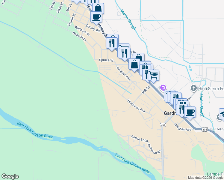 map of restaurants, bars, coffee shops, grocery stores, and more near 1517 Mill Creek Way in Gardnerville