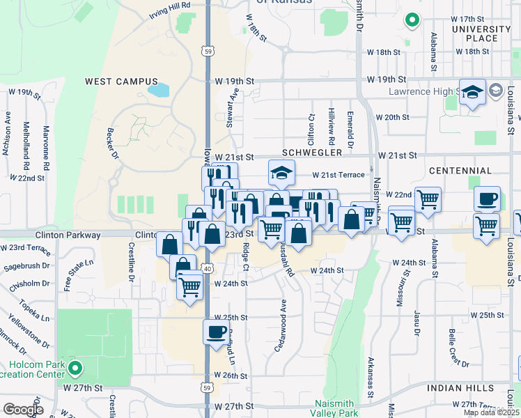 map of restaurants, bars, coffee shops, grocery stores, and more near 2201 Ousdahl Road in Lawrence