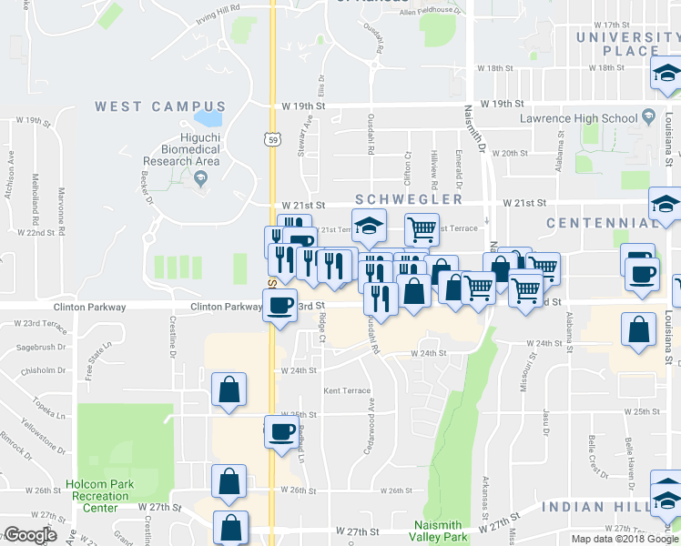 map of restaurants, bars, coffee shops, grocery stores, and more near 2201 Ousdahl Road in Lawrence