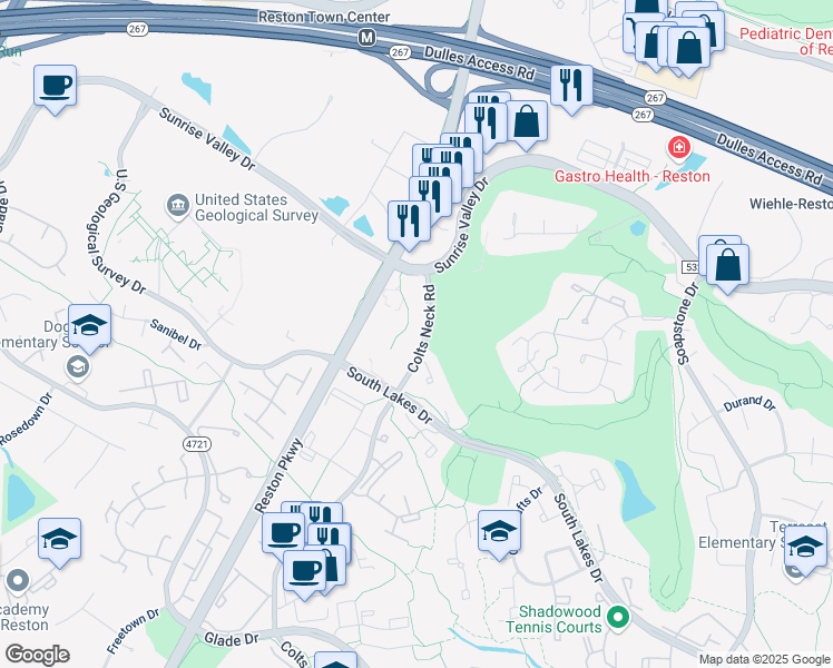 map of restaurants, bars, coffee shops, grocery stores, and more near 2020 Colts Neck Road in Reston