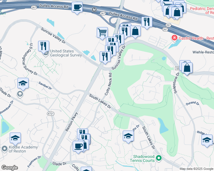 map of restaurants, bars, coffee shops, grocery stores, and more near 2020 Colts Neck Road in Reston