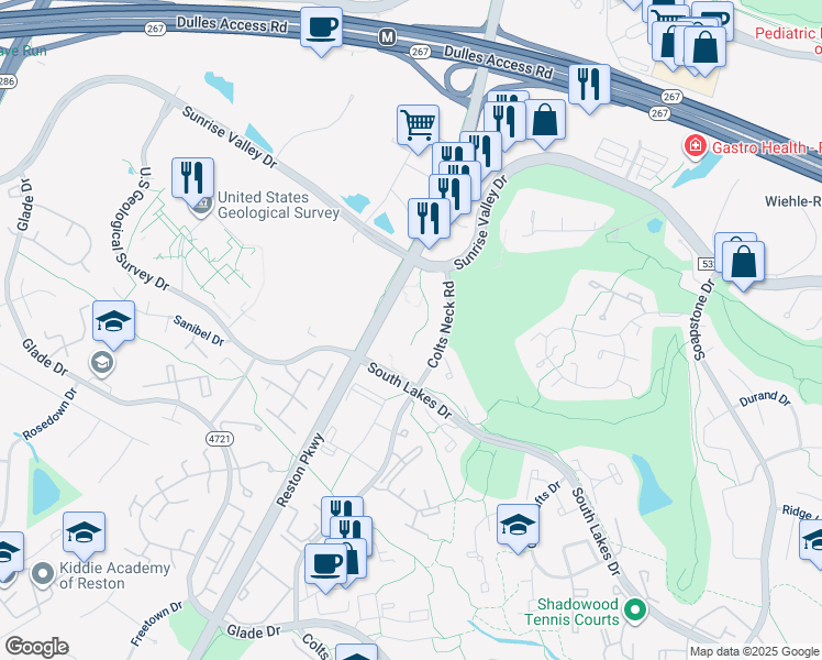 map of restaurants, bars, coffee shops, grocery stores, and more near 2044 Royal Fern Court in Reston