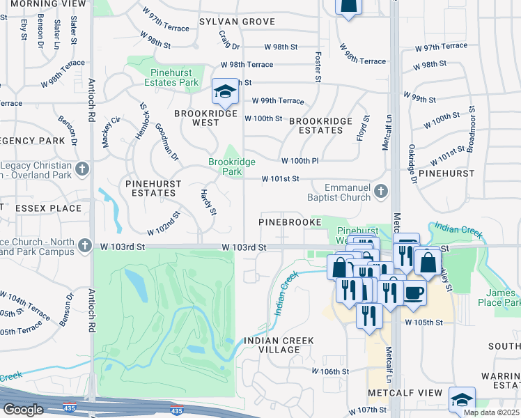 map of restaurants, bars, coffee shops, grocery stores, and more near 7709 West 101st Street in Overland Park