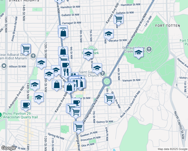 map of restaurants, bars, coffee shops, grocery stores, and more near 634 Webster Street Northwest in Washington