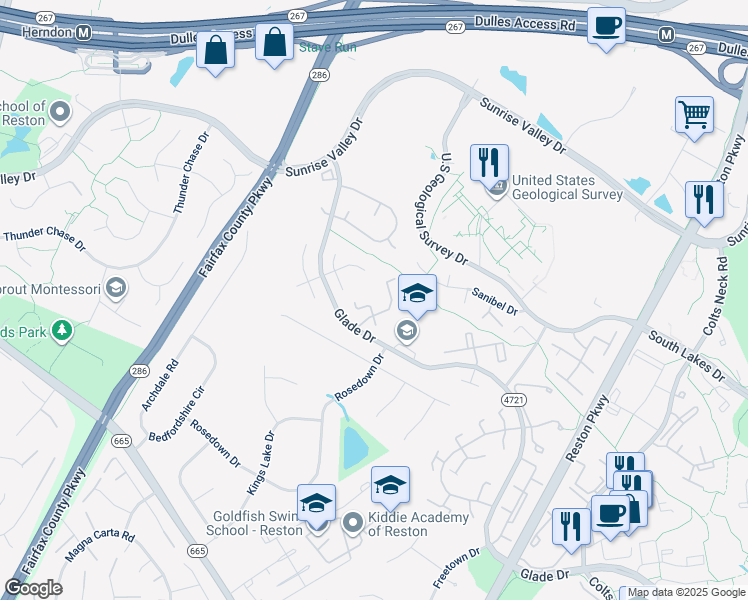 map of restaurants, bars, coffee shops, grocery stores, and more near 2244 White Cornus Lane in Reston