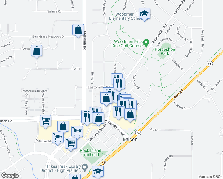 map of restaurants, bars, coffee shops, grocery stores, and more near 7696 Eolus Grove in Peyton