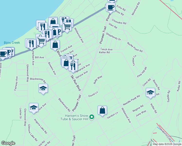 map of restaurants, bars, coffee shops, grocery stores, and more near 3669 Pioneer Trail in South Lake Tahoe
