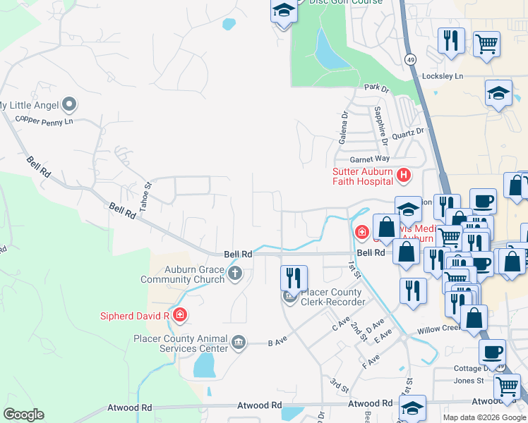 map of restaurants, bars, coffee shops, grocery stores, and more near 2958 Richardson Drive in Auburn
