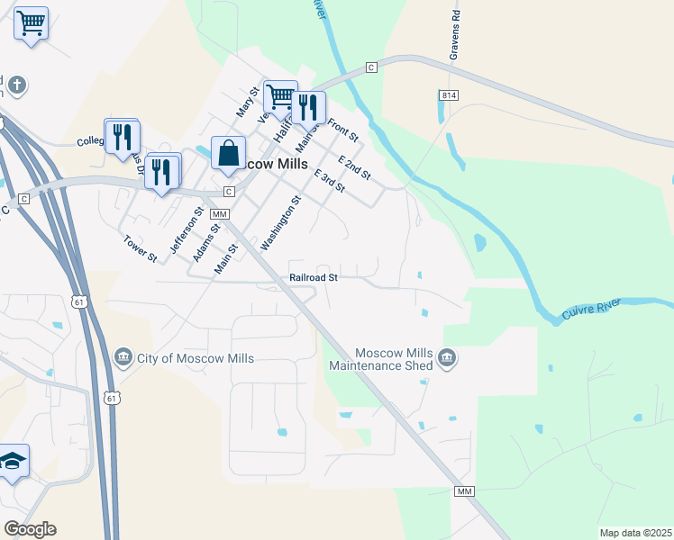 map of restaurants, bars, coffee shops, grocery stores, and more near 333 Railroad Street in Moscow Mills