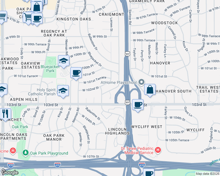 map of restaurants, bars, coffee shops, grocery stores, and more near 10606 West 102nd Street in Overland Park