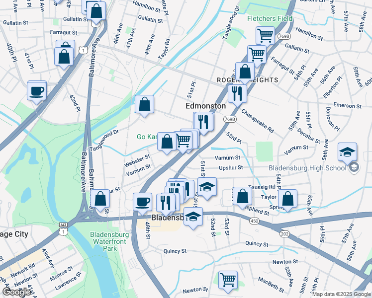 map of restaurants, bars, coffee shops, grocery stores, and more near 5084 Windom Road in Bladensburg