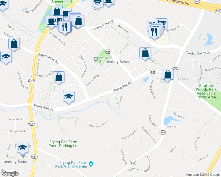 map of restaurants, bars, coffee shops, grocery stores, and more near 2416 Simpkins Farm Drive in Herndon