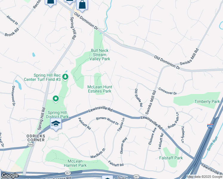 map of restaurants, bars, coffee shops, grocery stores, and more near 1201 Meadow Green Lane in McLean