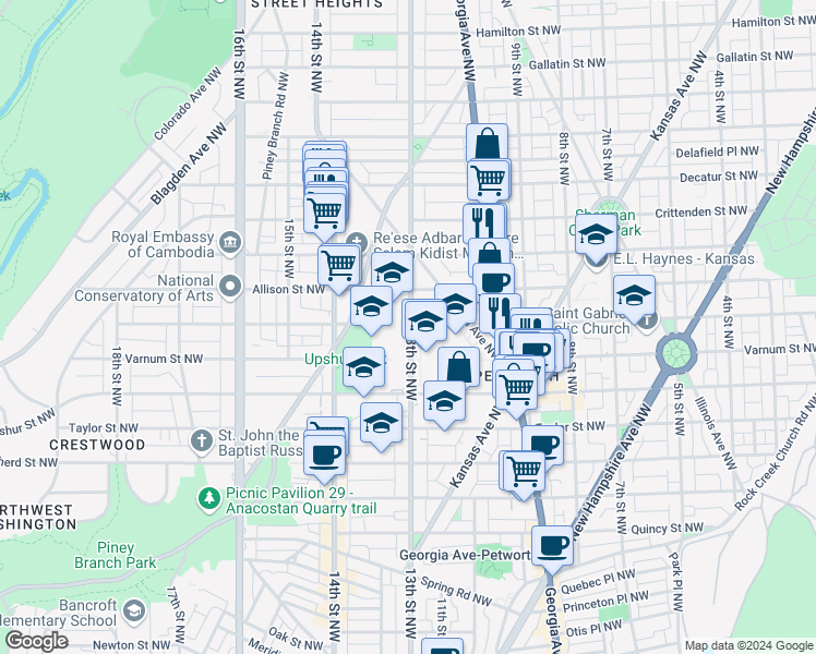 map of restaurants, bars, coffee shops, grocery stores, and more near 4300 13th Street Northwest in Washington