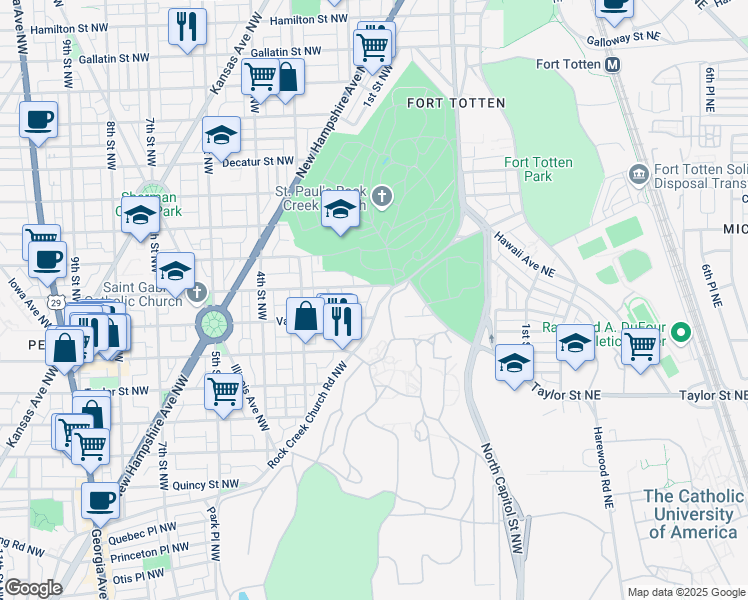 map of restaurants, bars, coffee shops, grocery stores, and more near 15 Rock Creek Church Road Northwest in Washington