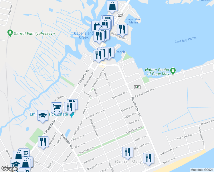 map of restaurants, bars, coffee shops, grocery stores, and more near 1260 Vermont Avenue in Cape May