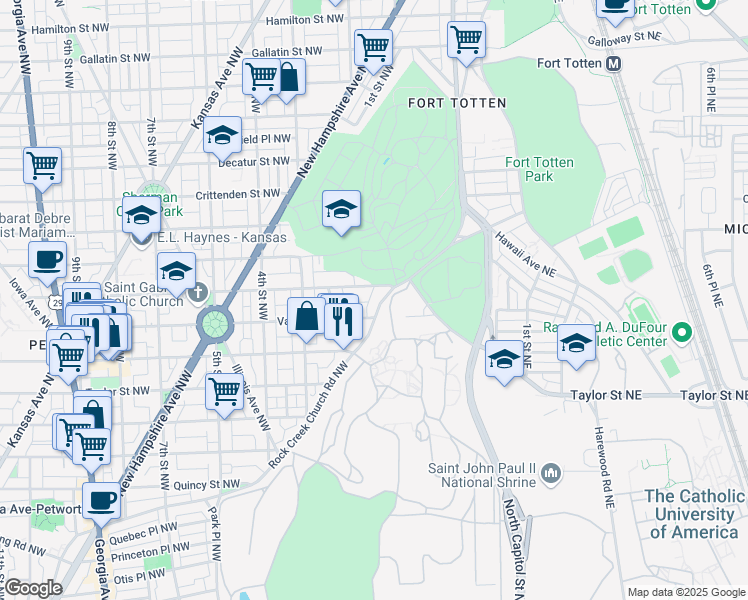 map of restaurants, bars, coffee shops, grocery stores, and more near 15 Rock Creek Church Road Northwest in Washington