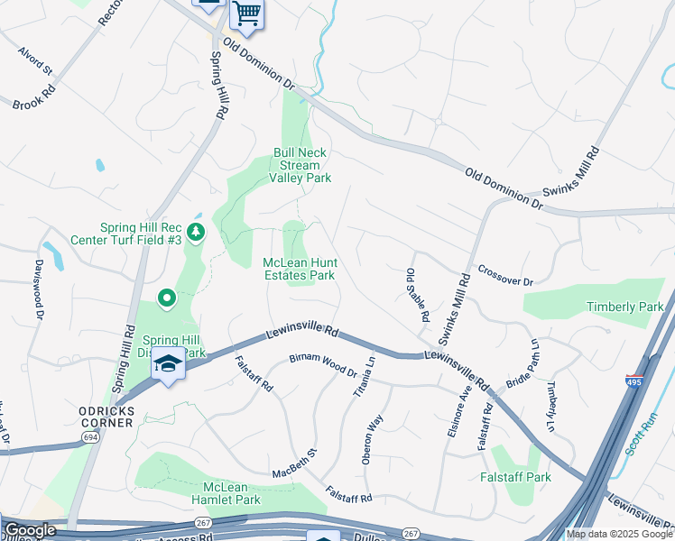 map of restaurants, bars, coffee shops, grocery stores, and more near 1201 Meadow Green Lane in McLean