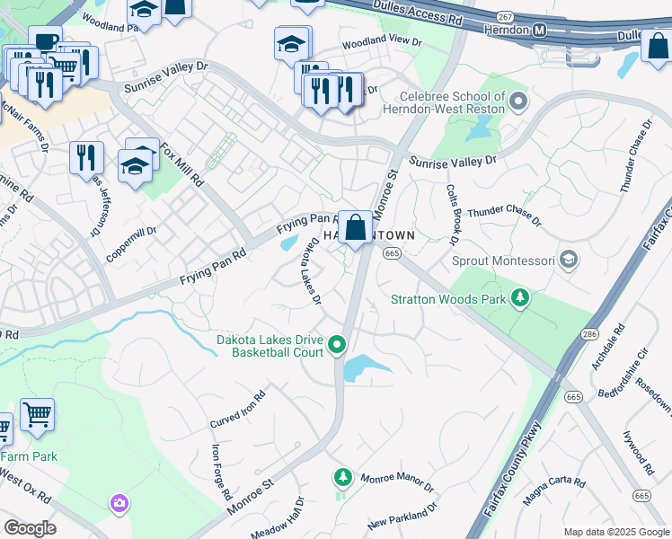map of restaurants, bars, coffee shops, grocery stores, and more near 12982 Azalea Woods Way in Herndon