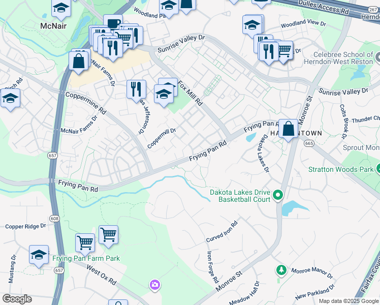 map of restaurants, bars, coffee shops, grocery stores, and more near 2416 Simpkins Farm Drive in Herndon