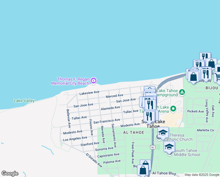 map of restaurants, bars, coffee shops, grocery stores, and more near 869 Lakeview Avenue in South Lake Tahoe