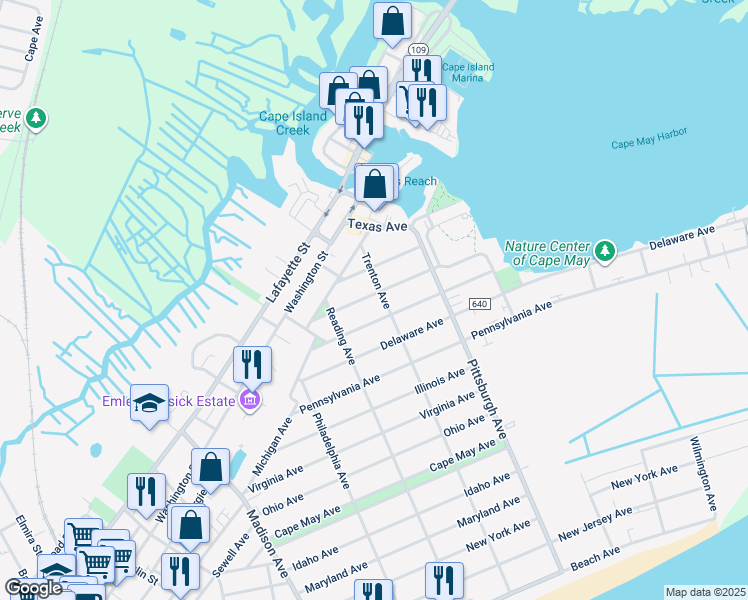 map of restaurants, bars, coffee shops, grocery stores, and more near 1260 Vermont Avenue in Cape May