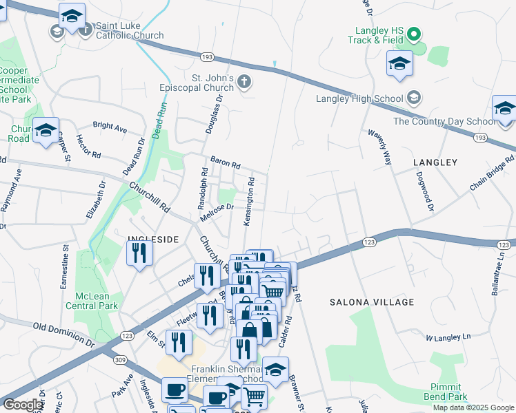 map of restaurants, bars, coffee shops, grocery stores, and more near 6706 Melrose Drive in McLean