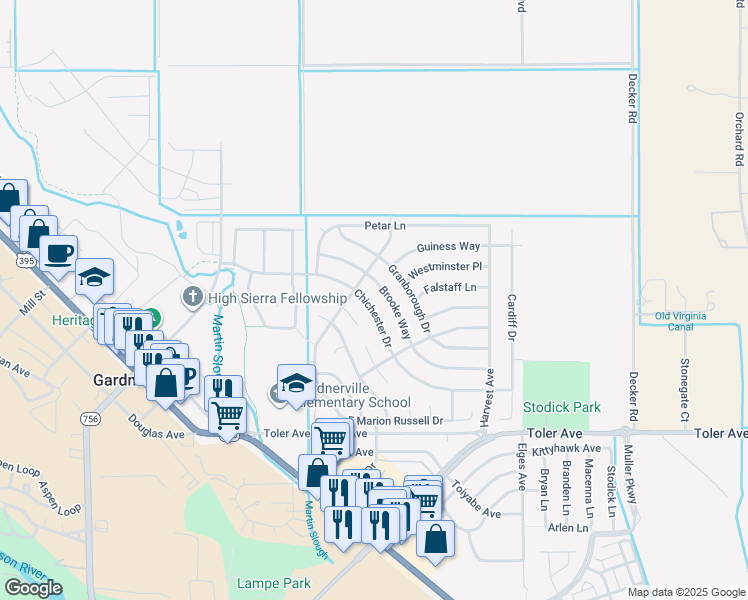 map of restaurants, bars, coffee shops, grocery stores, and more near 1330 Brooke Way in Gardnerville