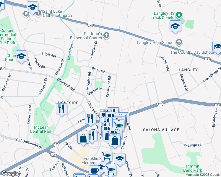 map of restaurants, bars, coffee shops, grocery stores, and more near 6712 Melrose Drive in McLean